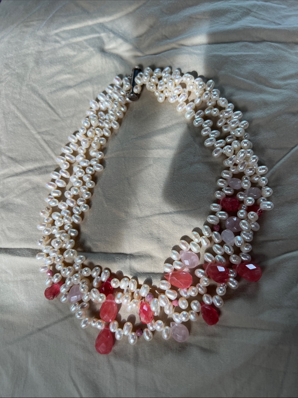 Vintage sterling Pearl and Pink-Red Gemstone Multi-Strand Necklace